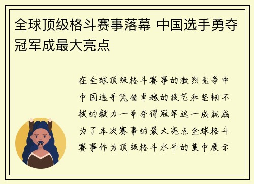 全球顶级格斗赛事落幕 中国选手勇夺冠军成最大亮点